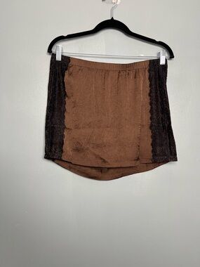 Anthropologie NWT Lace Satin Crinkle Mini Skirt Brown Black Women’s Size XS